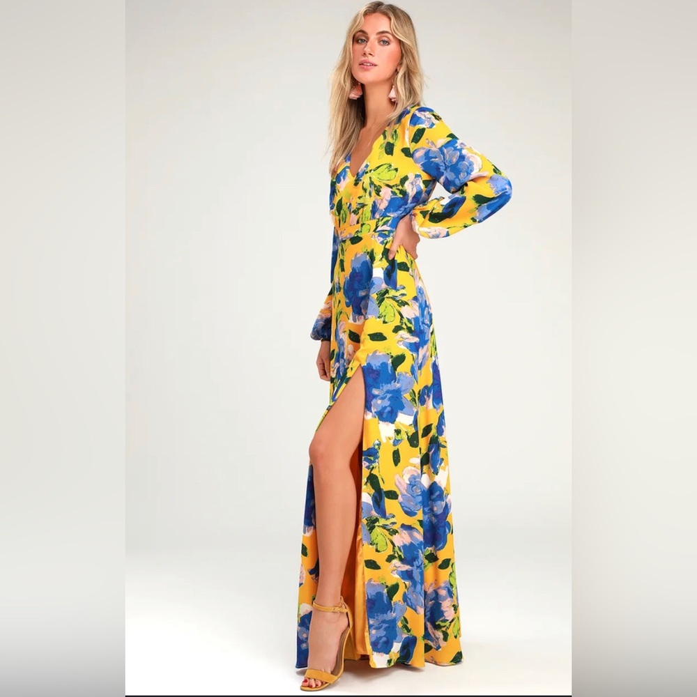 Lulu’s Carolita Yellow Floral Long Sleeve Maxi Dress V-Neck Side Slit Formal